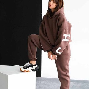 Conjunto Deportivo para Mujer, Color Marrón, con Capucha, Manga Larga, Estampado Vintage, Corte Regular, Sudadera Informal, Pantalones Deportivos, Ropa de Invierno, Tela de Forro Polar - Product Image 6