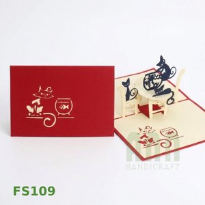 ANN HANDICRAFT Custom 3D Pop Paper Greeting Cards 'Cats Fish Friendship' Thanksgiving Thank You Gift 4-color Printed <b>Matte</b> - Product Image 1