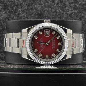 Luxury 41mm Men's <b>Watch</b> Stainless Steel Automatic Mechanical Style Burgundy Red Dial <b>Diamond</b> Hour Markers Business Wristwatch - Product Image 5
