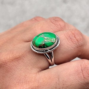 Handmade Green Copper Turquoise Oval <b>Ring</b> 925 Sterling <b>Silver</b> <b>Boho</b> Gemstone Jewelry for Women - Product Image 5