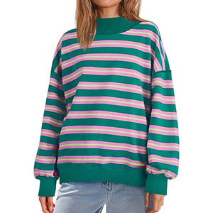 Sweat-shirt décontracté pour femme à rayures vertes et roses, col montant, épaules tombantes, manches longues amples et ourlet élastiqué - Product Image 4