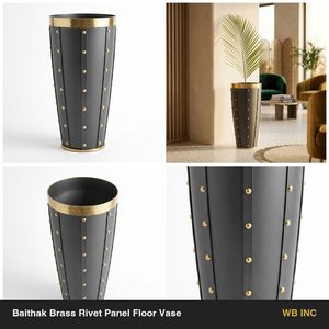 Vase de sol cylindrique en aluminium fait main de 26 cm, graphite et laiton, six rivets, design industriel, WB Inc, pour la décoration intérieure - Product Image 6