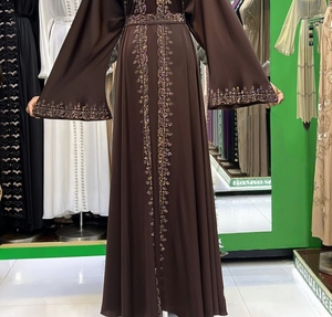 Wholesale Modest Dubai Beaded Sequined Long Sleeve Abaya Muslim Traditional Handmade Wedding Women Polyester Breathable V Neck - Product Image 4