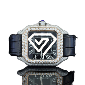 Montre automatique de luxe pour homme avec cadran noir de 41 mm, diamants en moissanite, bracelet en cuir véritable, chiffres romains - Product Image 6