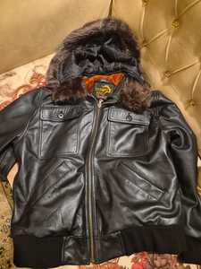 ChampKing Men's <b>Black</b> Leather <b>Jacket</b> Brown <b>Faux</b> <b>Fur</b> Hood Zipper Closure - Product Image 5