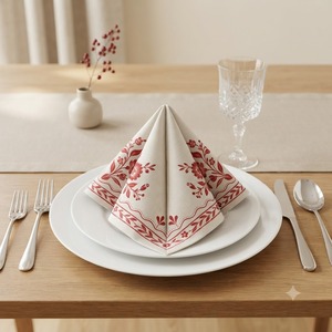 Servilleta de Algodón Premium Estampada con Diseño Floral Rojo en las Esquinas y el Borde – Elegante Servilleta Decorativa para Mesa de Comedor para el Hogar y Hoteles - Product Image 2
