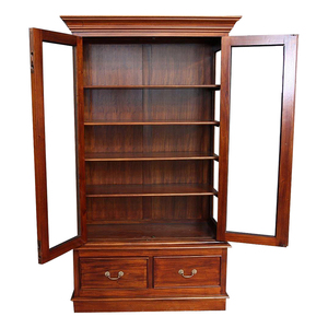 <b>Solid</b> mahogany timber <b>bookcase</b> features two glass fronted doors and two drawers at the base for living room indoor use - Product Image 4