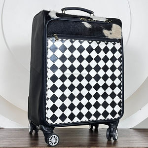 Premium Cowhide Checkered Leather Rolling Suitcases Custom Handmade Multi-Functional Travel <b>Trolley</b> Bag with Spinner Wheels - Product Image 4