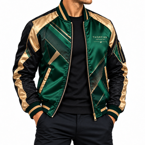 Chaqueta Bomber de Satén con Bloques de Color para Hombre, Dorado y Verde, Cortavientos, con Cremallera, Cuello Alto, para Otoño, Precio Económico, Venta al por Mayor, OEM Personalizado - Product Image 4