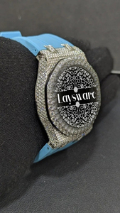 Montre analogique de luxe Laysware Jewels avec cadran en verre, diamants Moissanite, acier inoxydable glacé et bracelet en caoutchouc bleu ciel - Product Image 6