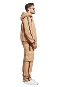 Custom Men's Beige Genuine Leather Tracksuit Set with Brown Contrast Stripe Details – Luxury Hooded Bomber <b>Jacket</b> and Cargo Pock - Product Image 3
