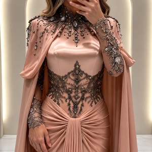 Luxury <b>Blush</b> Pink Embellished Satin Evening Gown with Cape Sleeves Crystal Beaded Designer Mermaid Dress for Women Formal - Product Image 3