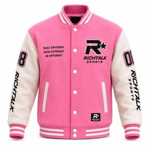 Chaqueta Varsity Unisex Sólida Rosa y Blanca con Letras Bordadas, Estilo Casual, Invierno, Corte Regular, Cierre de Botón Sencillo, Cuello Alto - Product Image 1