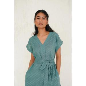 Vestido Maxi con Corte en A, Cuello en V, Manga Corta, Diseño de Puntos, Estilo Cruzado, Plisado, Ligero y Transpirable para Mujer - Product Image 6