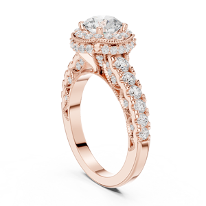 Bague de fiançailles en or rose avec halo de diamants de laboratoire ronds, bande pavée, détails vintage Milgrain, bijoux fins pour femmes - Product Image 2