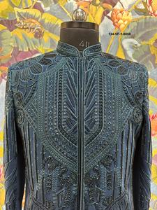 Sherwani Étnico para Hombre, Diseño Fluido, Color Verde Prusia, Tela TR Lachko con Cuentas de Vidrio Tónicas y Bordado de Lentejuelas - Product Image 5