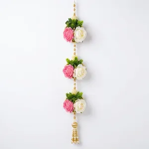 Décoration suspendue élégante à motifs floraux et perles, avec fleurs roses et blanches, pour porte, fenêtre, entrée, balcon, mariage, décoration de la maison - Product Image 4