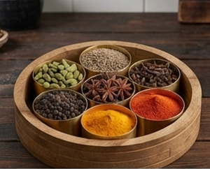 Boîte à épices ronde en bois avec 6 coupelles dorées, support de rangement anti-poussière, vaisselle de cuisine minimaliste à un seul niveau - Product Image 5