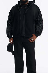 Sudadera con capucha negra extragrande con cremallera y patrón de puntos brillantes para hombre, de poliéster tejido, para otoño, corte regular - Product Image 5