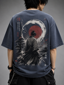 Camiseta con Estampado de Guerrero Estilo Anime, Algodón Grueso, Corte Holgado - Product Image 5