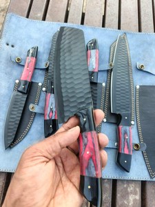 Juego de 5 Cuchillos de Chef Hechos a Mano de Acero de Damasco con Recubrimiento Negro, Ambidiestros y Ecológicos, con Funda de Cuero para Acampar al Aire Libre, Venta al Por Mayor - Product Image 3