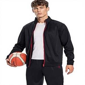 Veste de survêtement noire pour homme avec fermeture éclair intégrale, bordure rouge et poches latérales, design sportif respirant, idéale pour l'automne - Product Image 1