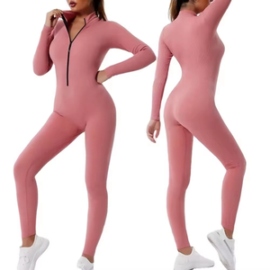 Mono de yoga para mujer, gris liso, de manga larga, cuello alto, cintura alta, cremallera frontal, ajuste ceñido, secado rápido - Product Image 6