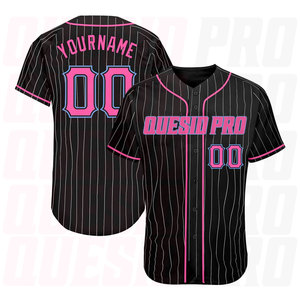 Camiseta de Béisbol Auténtica Personalizada con Rayas Blancas y Negras y Detalles en Rosa y Azul Claro, Sublimación Personalizada - Product Image 1