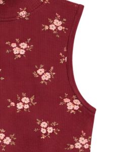 Débardeur court côtelé rouge personnalisé à col montant sans manches avec petit imprimé floral pour femme, coupe ajustée extensible, décontracté, tendance été - Product Image 5