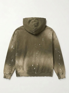 Sudadera con Capucha para Hombre, Color Verde Oliva, Estilo Desgastado, de Algodón y Felpa, con Bolsillo Canguro, Estilo Urbano - Product Image 2
