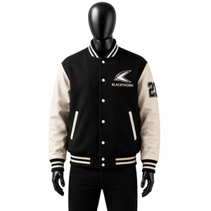 Chaqueta Varsity para Hombre, Cuerpo de Lana, Mangas de Cuero, Logotipo Bordado, Estilo Invernal, Cuello Acanalado - Product Image 1
