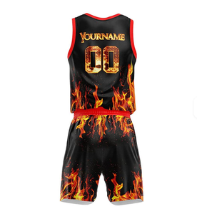 Custom High Quality Basketball Jersey Set Unisex Sleeveless Elastic Waist Sublimated Flame Print Teamwear Breathable Polyester - Product Image 2