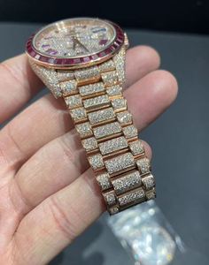 Rose Gold Moissanite Diamond Watch <b>Red</b> Diamond Bezel Luxury Iced Stainless Steel <b>Bracelet</b> GPS Alarm Mechanical Movement Premium - Product Image 4