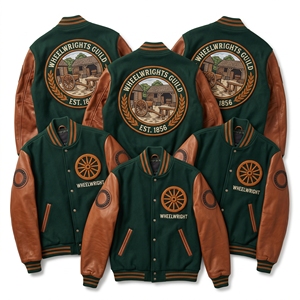 Chaqueta Bomber Varsity de Lana con Mangas de Cuero y Bordado de Laberinto, Parche de Laberinto, Abrigo Verde - Proveedor de Ropa - Product Image 4