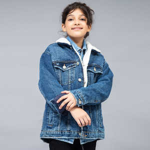 Veste en jean à col en fourrure pour enfants, style vintage déchiré, à manches longues, classique, pour l'hiver, pour garçons et filles - Product Image 1