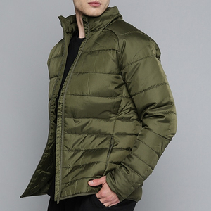 Veste matelassée pour homme, vert olive, col montant, fermeture éclair, coupe-vent, décontractée, couleur unie, extérieur en polyester, coupe régulière - Product Image 2