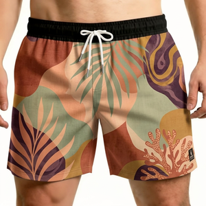 Bañadores de hombre con estampado de plantas tropicales de secado rápido, cintura media, cordón ajustable, pantalones cortos informales, 100% poliéster, tejido de punto. - Product Image 1