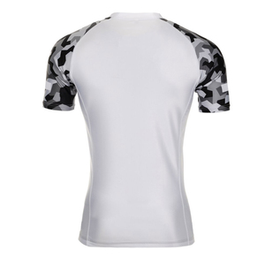 Men's Short Sleeve <b>Compression</b> Rash Guard White With Gray <b>Black</b> Camo Sleeves Quick Dry Polyester Athletic <b>Shirt</b> Top - Product Image 2