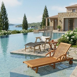 Chaise longue en teck moderne avec dossier en bois massif, mobilier d'extérieur pour villa, chaise inclinable manuelle, design contemporain durable - Product Image 1