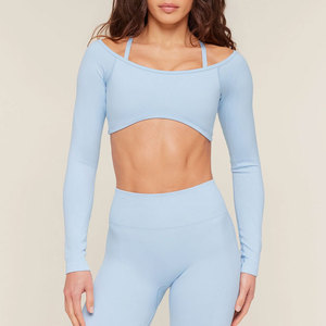 Camiseta Corta de Manga Larga para Mujer, Cuello Ancho, Transpirable, Diseño de Color Sólido, Material Personalizado, Compresión, Venta al por Mayor - Product Image 1