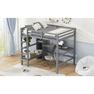 Full Size Gray Loft <b>Bed</b> with Multifunction Shelves and <b>Underbed</b> Desk for Small Spaces - Product Image 6