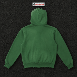 Sudadera con capucha verde extragrande con cremallera completa, estampado de estrellas rojas y borde desgastado, estilo streetwear unisex de ajuste holgado - Product Image 6