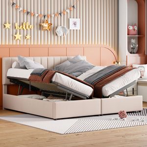 Lit plateforme capitonné beige King Size avec système de rangement hydraulique - Product Image 2