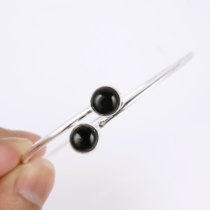 Wholesale Handmade 925 Sterling Silver Plated Natural Black Onyx Gemstone Two <b>Stone</b> Cabochon Bypass Bangle <b>Bracelet</b> Elegant - Product Image 5