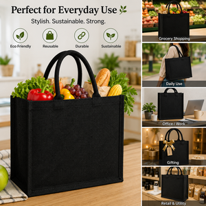 Medium <b>Black</b> Jute Tote <b>Bag</b> with <b>Top</b> <b>Handle</b> for Daily Use Beach Tote Wedding & Groceries - Product Image 6