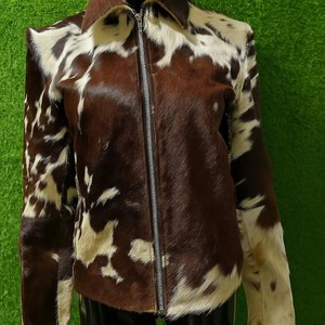 Veste en cuir de vache véritable pour homme, de qualité supérieure, professionnelle, écologique, coupe-vent, en fourrure de vache marron et blanche, avec fermeture éclair, en peau d'animal authentique - Product Image 4