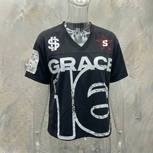 Grace 16 Black O-Neck Short Sleeve Jersey Men Oversized Street Style Polyester/Cotton T-Shirt with Logo and Number Design - Product Image 6
