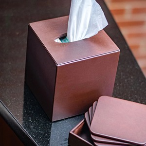 Premium Chocolate Brown Leather Tissue Dispenser For Modern <b>Vanity</b> Decor Classic Stitched Brown Leather Square Tissue <b>Case</b> - Product Image 2