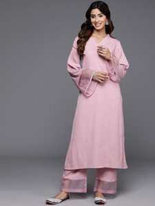 Pink <b>Silk</b> Blend <b>Kurta</b> Palazzo Set V-Neck Flared Sleeves Regular Fit Knee-Length Traditional Indian Pakistani Casual Wear Quick - Product Image 3