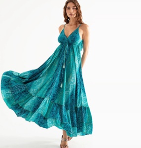 Vestido largo bohemio sin mangas con cuello en V y espalda descubierta para mujer, vestido largo de verano para la playa con dobladillo con volantes, varios colores - Product Image 1